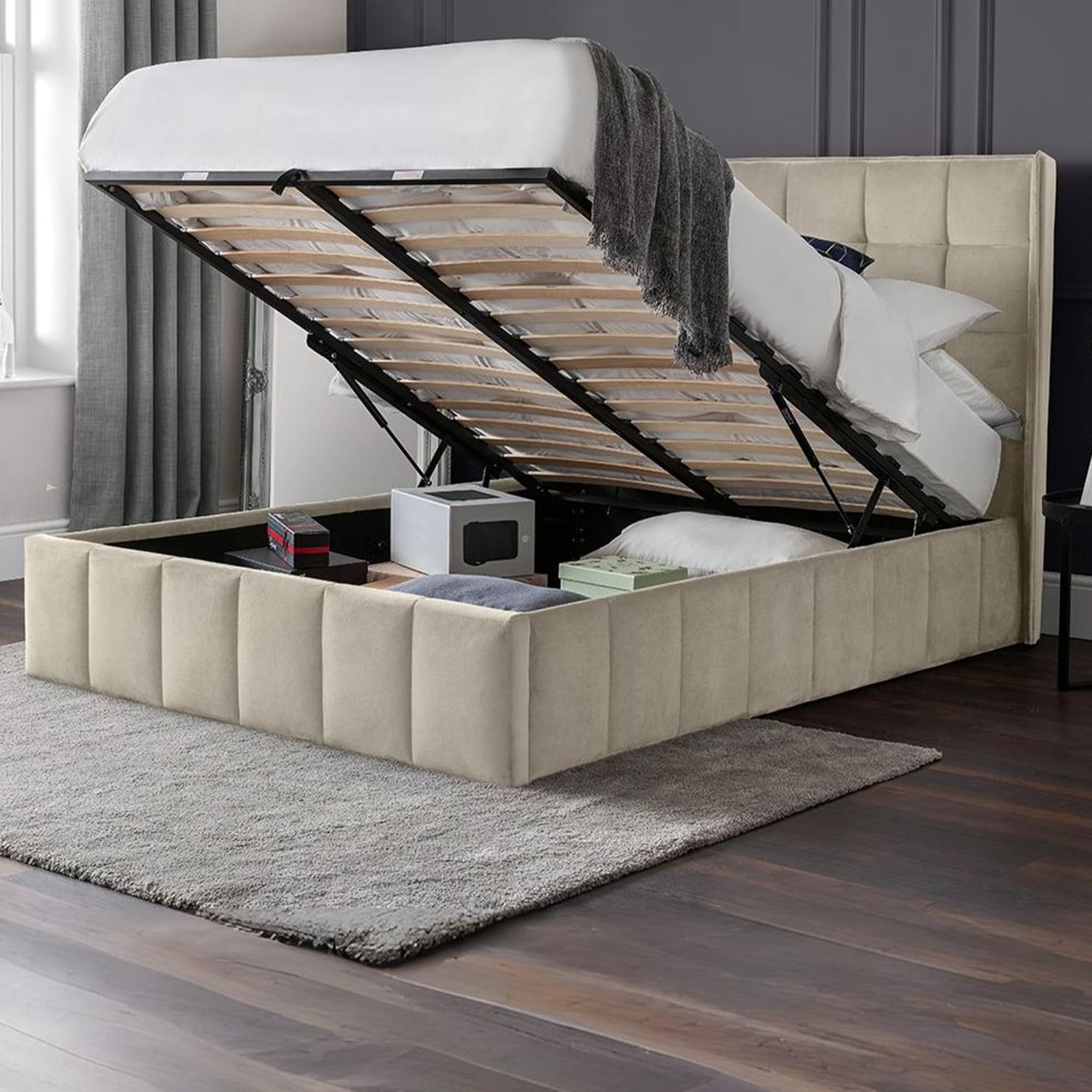 Gatsby Cream Velvet 135cm Double Ottoman Storage Bed